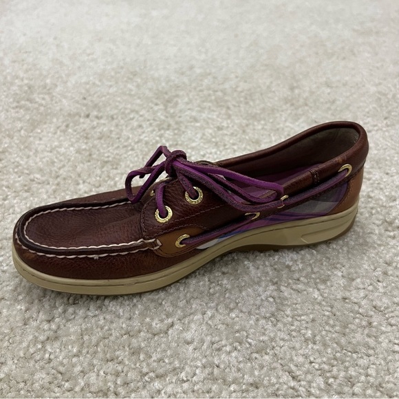 Sperry Women’s Bluefish 5M Purple Plaid 2-Eye Boat Shoe Top Sider Brown Leather, - Picture 11 of 16